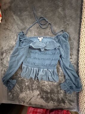 LC Lauren Conrad Dusty Blue Smocked Off-Shoulder Ruffle Blouse